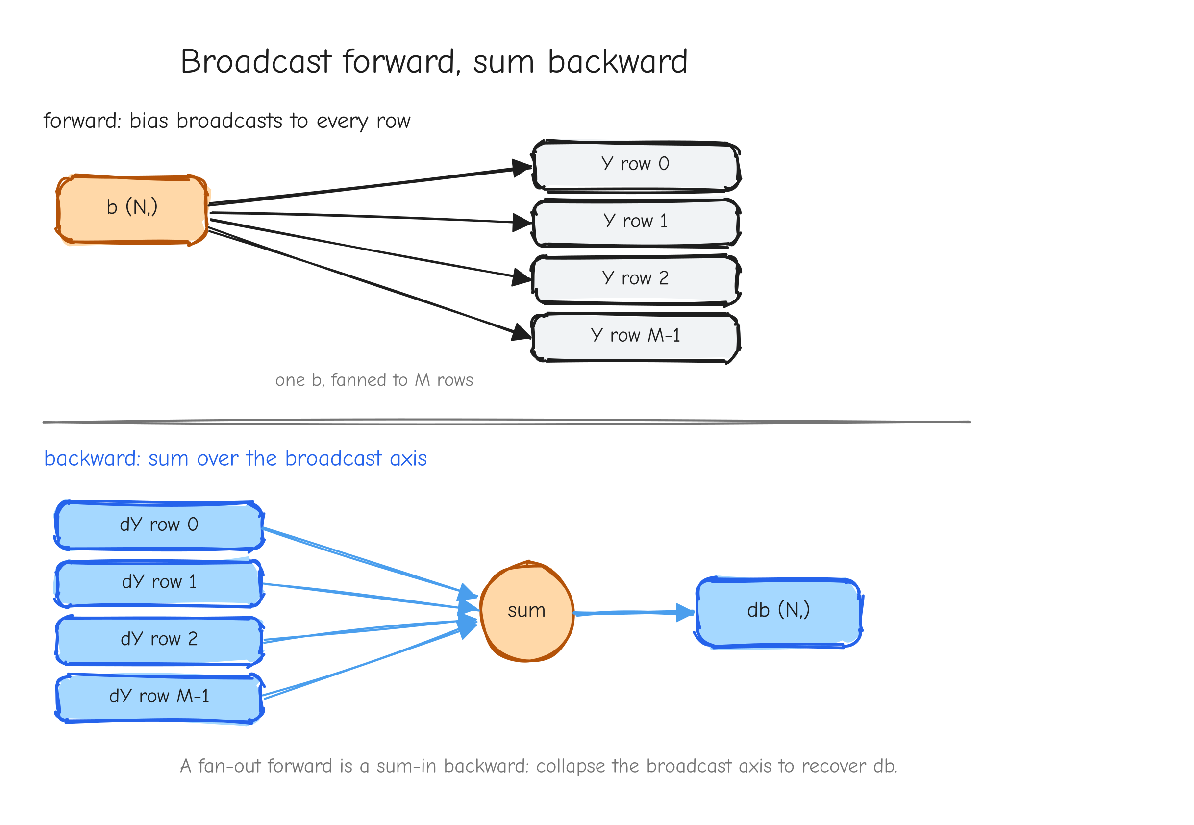 Top row, forward: a length-`N` bias vector `b` drawn once, with arrows fanning out to each of the